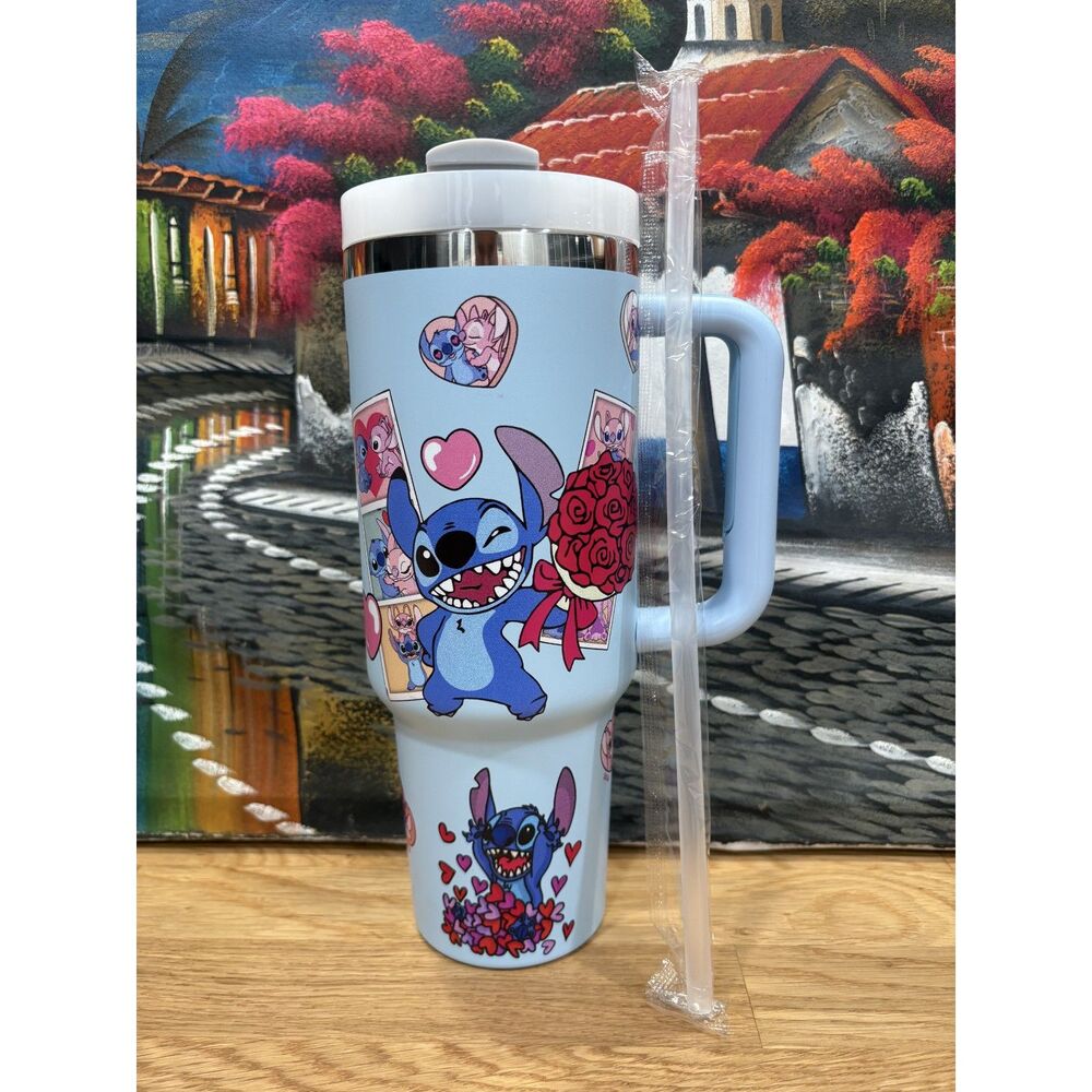 Stitch-Inspired White 40 oz Tumbler with Handle & Straw